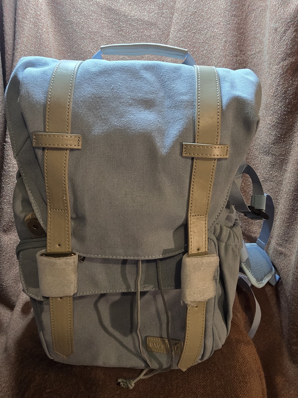 Canvas Roll-Top Backpack in Light Blue with Tan Accents